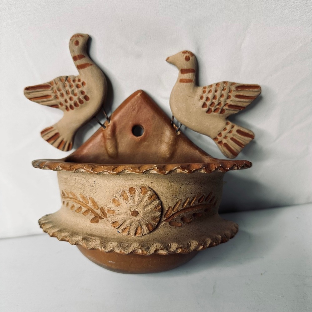 Vintage Mexican Folk Art Terracotta Wall Pocket Planter Birds Floral Clay 7.5in